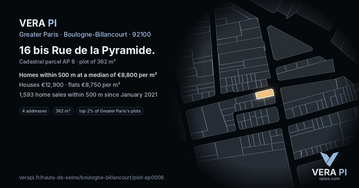 16 bis Rue de la Pyramide, Boulogne-Billancourt at night – the plot lit, the parcels around coloured by the prices near them