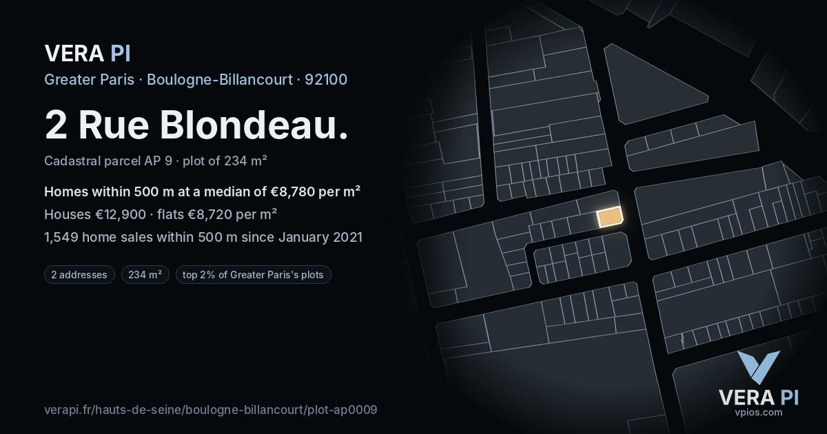2 Rue Blondeau, Boulogne-Billancourt at night – the plot lit, the parcels around coloured by the prices near them