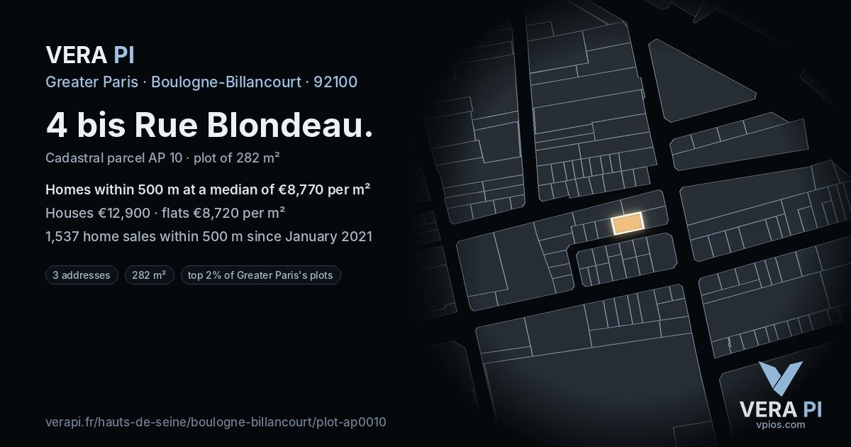 4 bis Rue Blondeau, Boulogne-Billancourt at night – the plot lit, the parcels around coloured by the prices near them