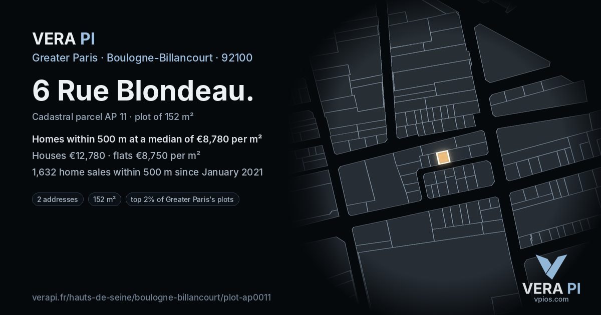 6 Rue Blondeau, Boulogne-Billancourt at night – the plot lit, the parcels around coloured by the prices near them