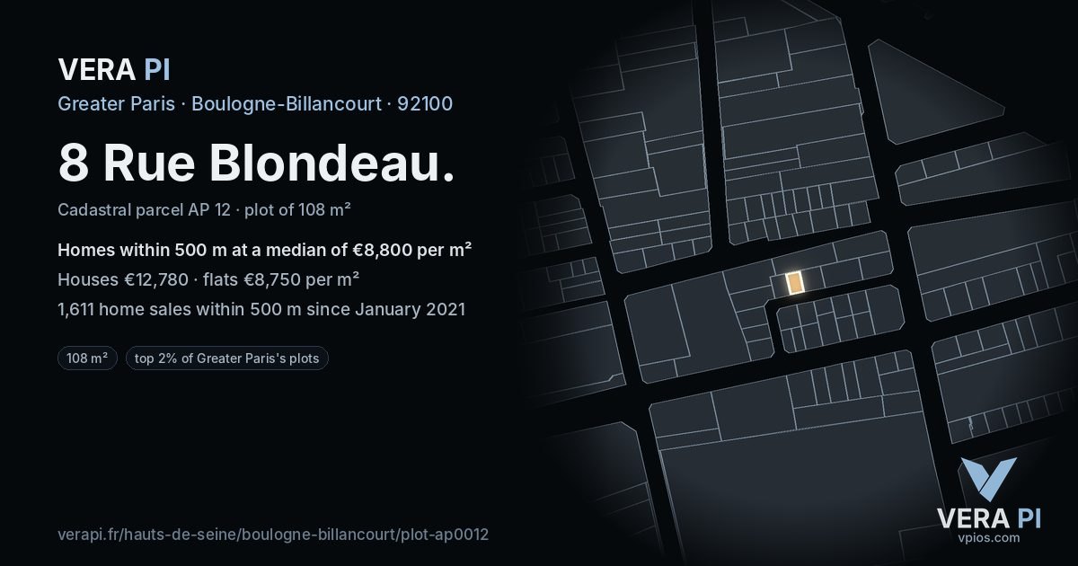 8 Rue Blondeau, Boulogne-Billancourt at night – the plot lit, the parcels around coloured by the prices near them