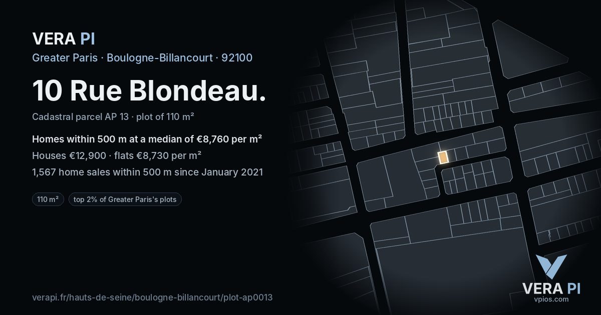 10 Rue Blondeau, Boulogne-Billancourt at night – the plot lit, the parcels around coloured by the prices near them
