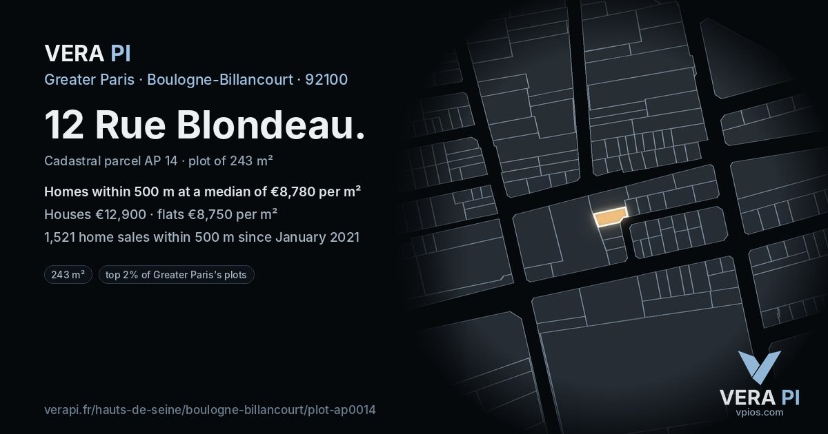 12 Rue Blondeau, Boulogne-Billancourt at night – the plot lit, the parcels around coloured by the prices near them