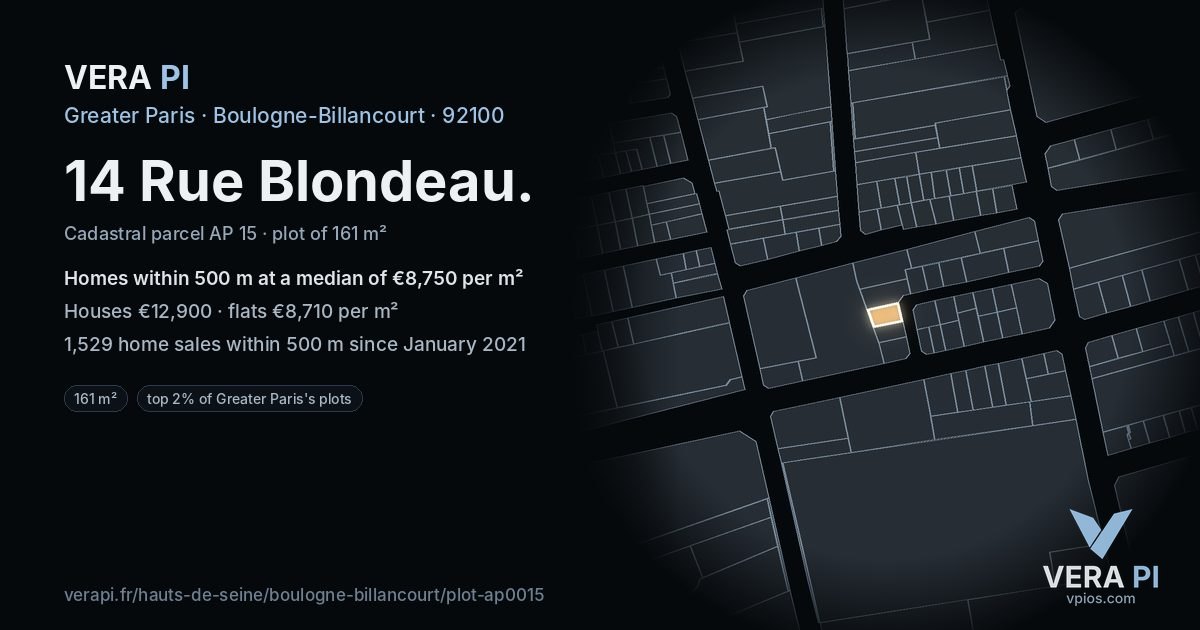 14 Rue Blondeau, Boulogne-Billancourt at night – the plot lit, the parcels around coloured by the prices near them