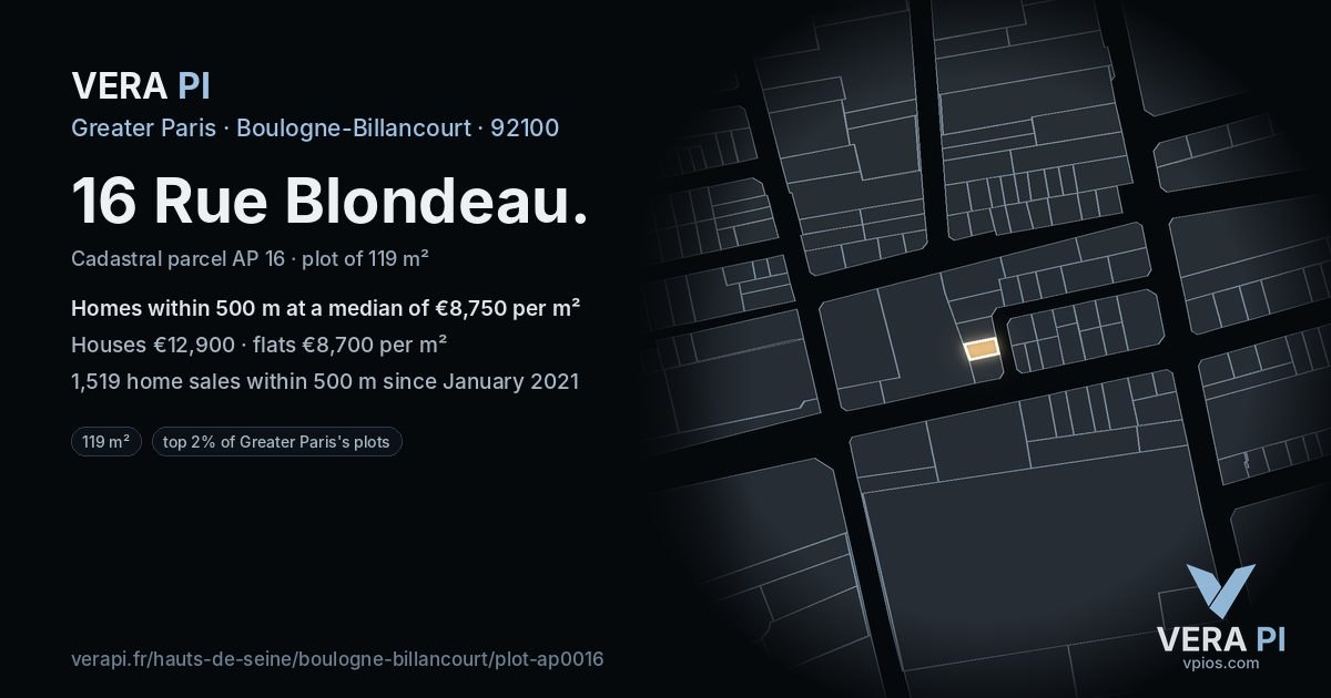 16 Rue Blondeau, Boulogne-Billancourt at night – the plot lit, the parcels around coloured by the prices near them