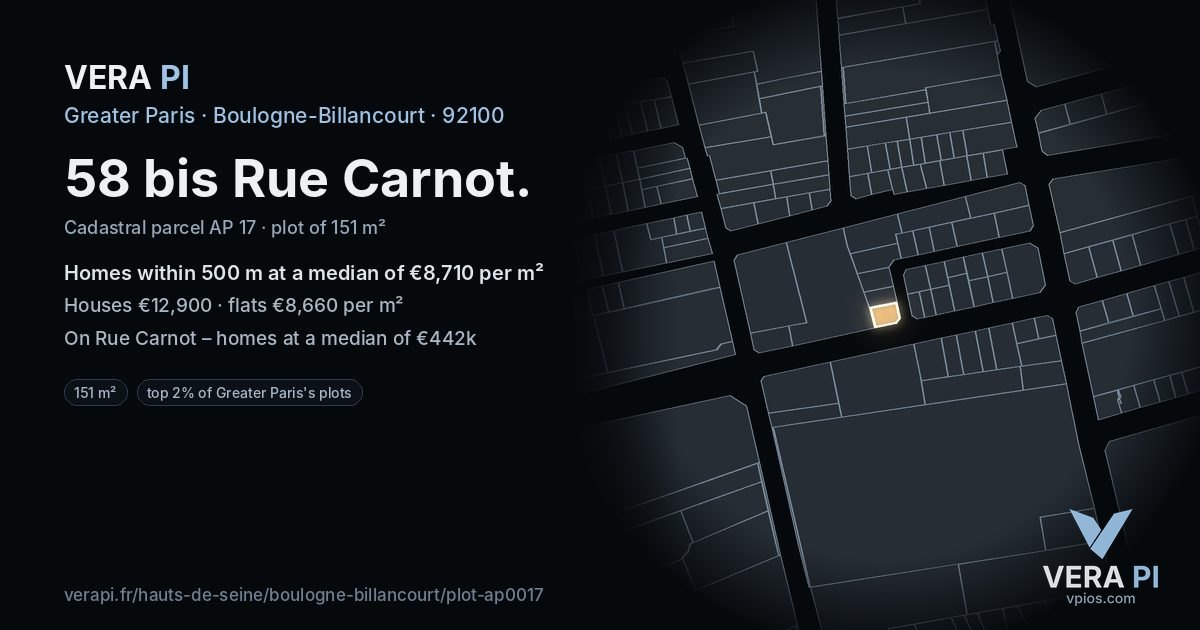 58 bis Rue Carnot, Boulogne-Billancourt at night – the plot lit, the parcels around coloured by the prices near them