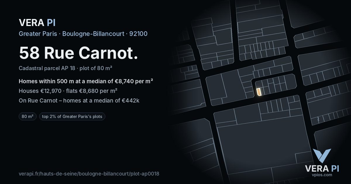 58 Rue Carnot, Boulogne-Billancourt at night – the plot lit, the parcels around coloured by the prices near them