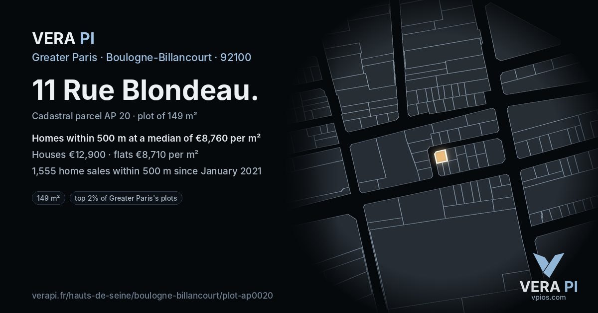 11 Rue Blondeau, Boulogne-Billancourt at night – the plot lit, the parcels around coloured by the prices near them