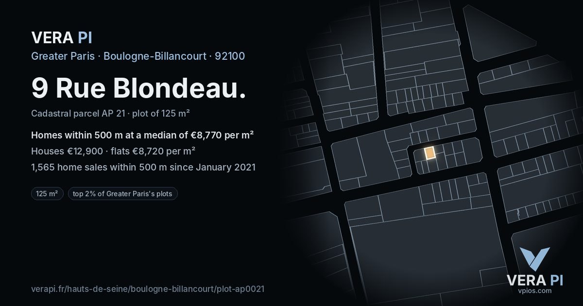9 Rue Blondeau, Boulogne-Billancourt at night – the plot lit, the parcels around coloured by the prices near them