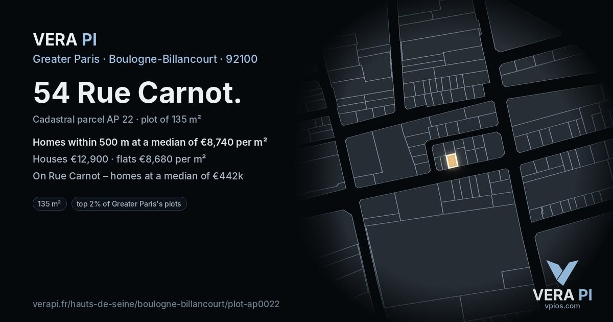 54 Rue Carnot, Boulogne-Billancourt at night – the plot lit, the parcels around coloured by the prices near them