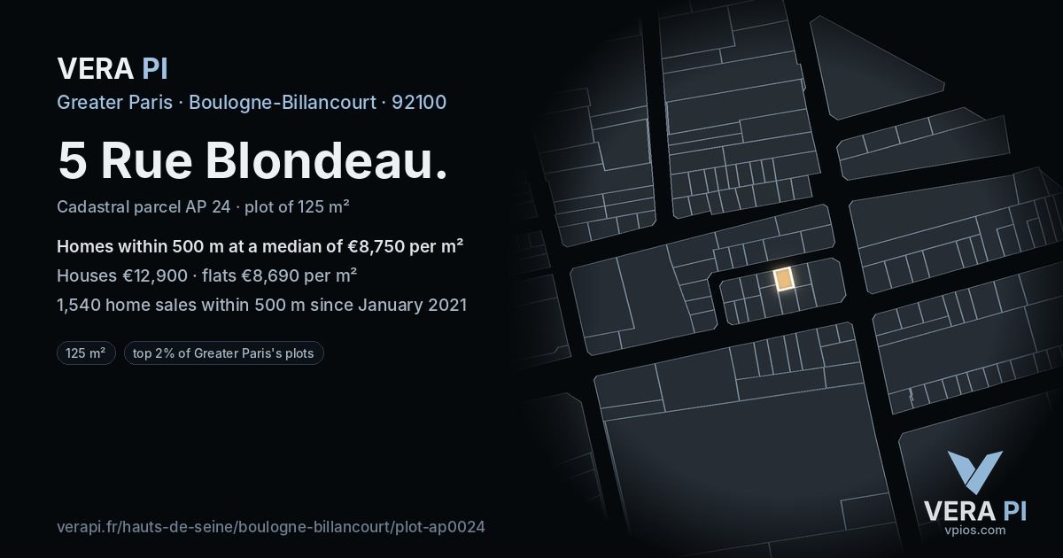 5 Rue Blondeau, Boulogne-Billancourt at night – the plot lit, the parcels around coloured by the prices near them
