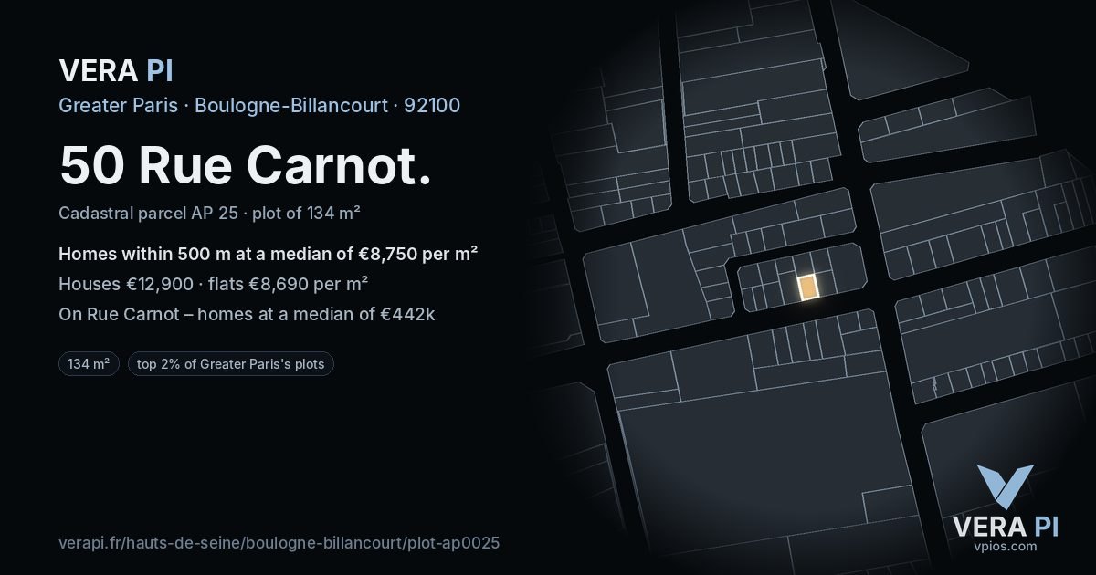 50 Rue Carnot, Boulogne-Billancourt at night – the plot lit, the parcels around coloured by the prices near them