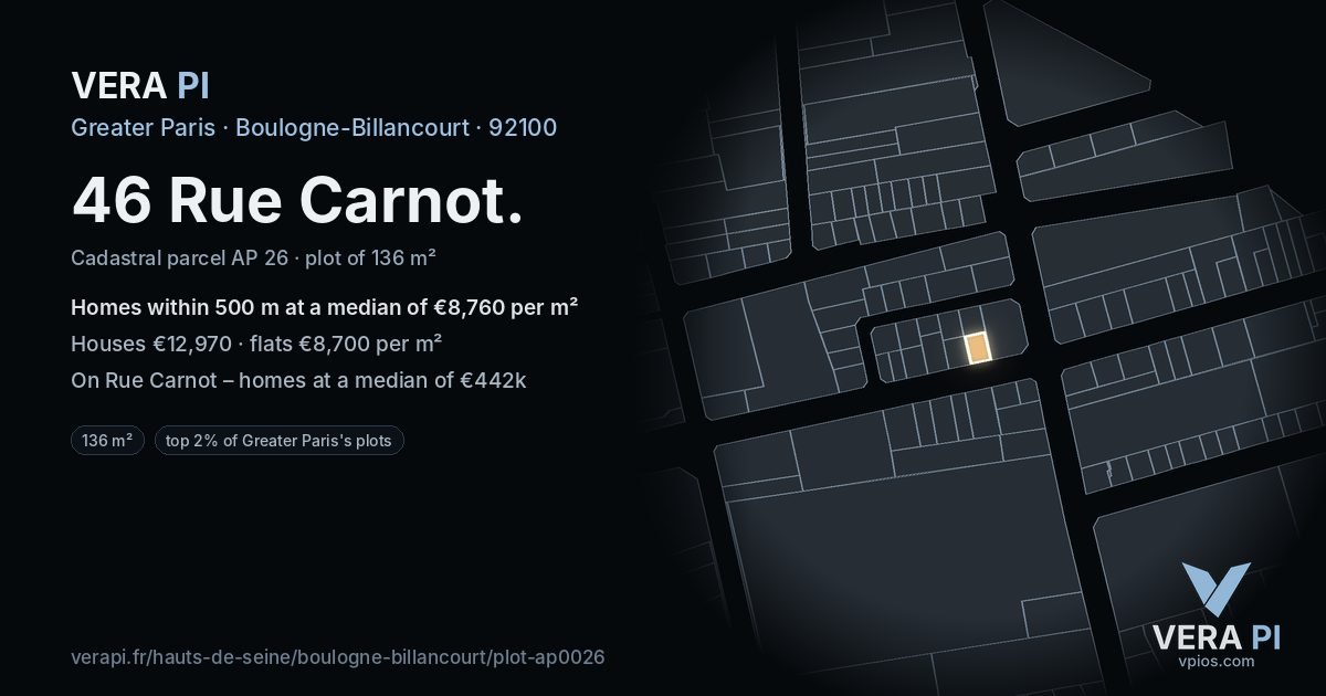 46 Rue Carnot, Boulogne-Billancourt at night – the plot lit, the parcels around coloured by the prices near them