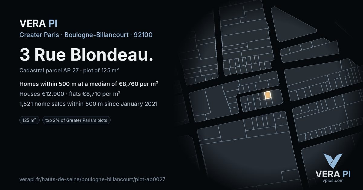 3 Rue Blondeau, Boulogne-Billancourt at night – the plot lit, the parcels around coloured by the prices near them