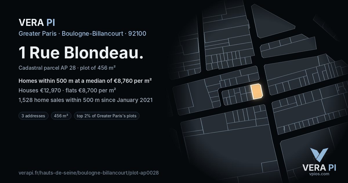 1 Rue Blondeau, Boulogne-Billancourt at night – the plot lit, the parcels around coloured by the prices near them