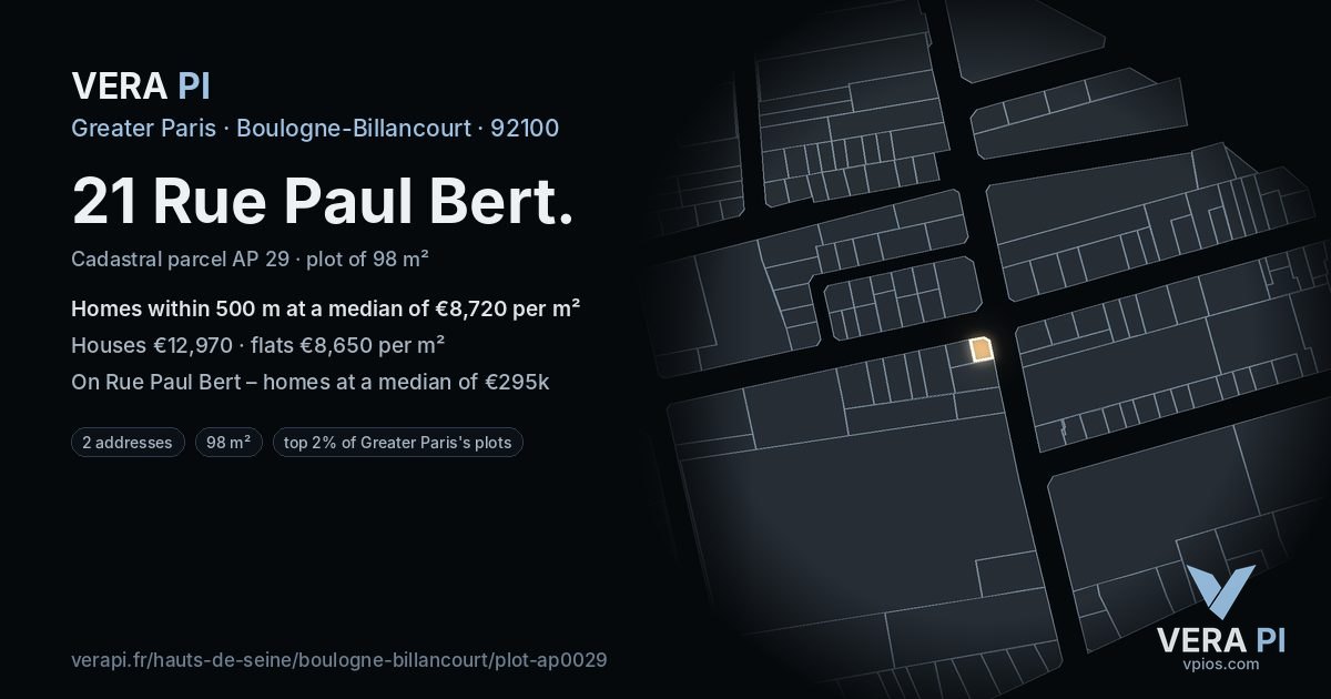 21 Rue Paul Bert, Boulogne-Billancourt at night – the plot lit, the parcels around coloured by the prices near them