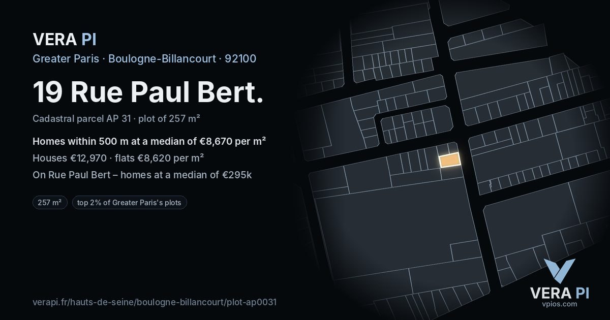 19 Rue Paul Bert, Boulogne-Billancourt at night – the plot lit, the parcels around coloured by the prices near them