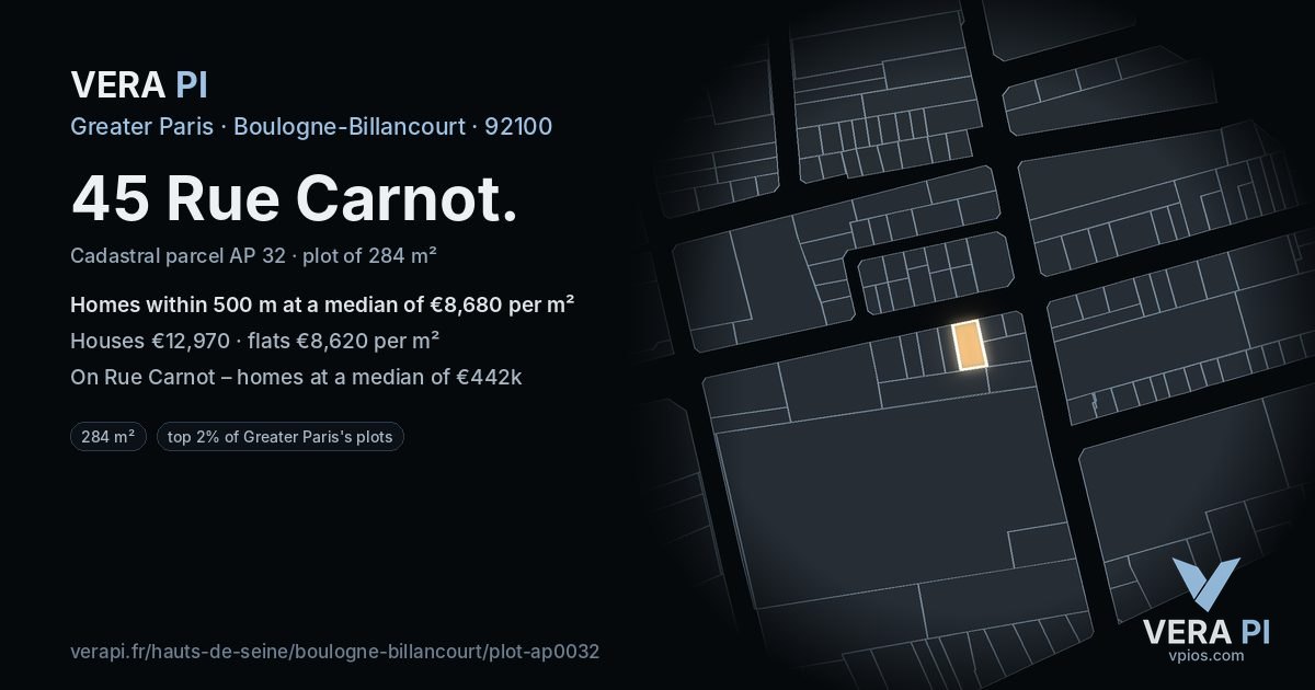 45 Rue Carnot, Boulogne-Billancourt at night – the plot lit, the parcels around coloured by the prices near them