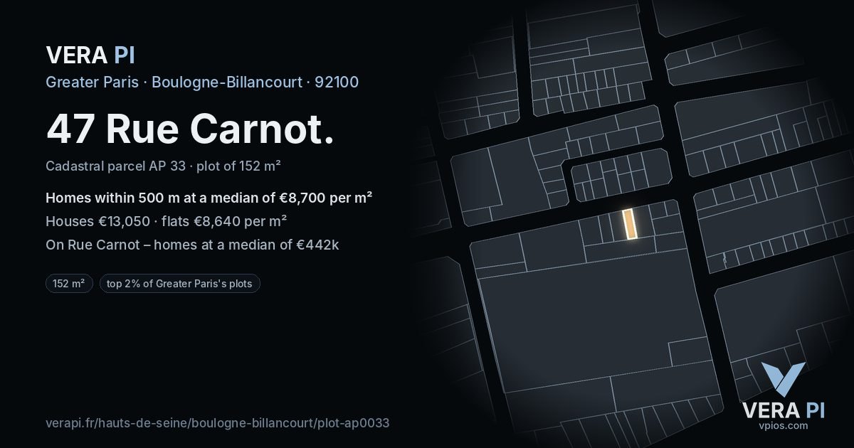 47 Rue Carnot, Boulogne-Billancourt at night – the plot lit, the parcels around coloured by the prices near them