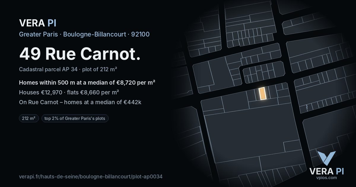 49 Rue Carnot, Boulogne-Billancourt at night – the plot lit, the parcels around coloured by the prices near them