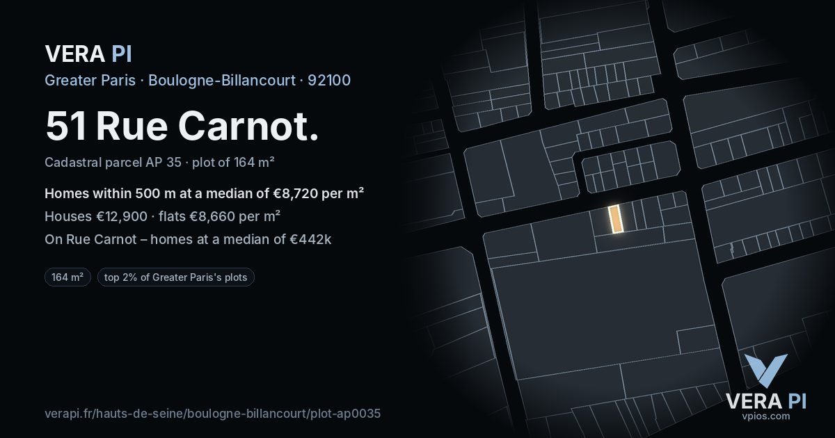 51 Rue Carnot, Boulogne-Billancourt at night – the plot lit, the parcels around coloured by the prices near them