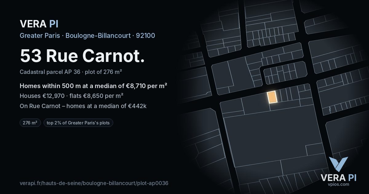 53 Rue Carnot, Boulogne-Billancourt at night – the plot lit, the parcels around coloured by the prices near them