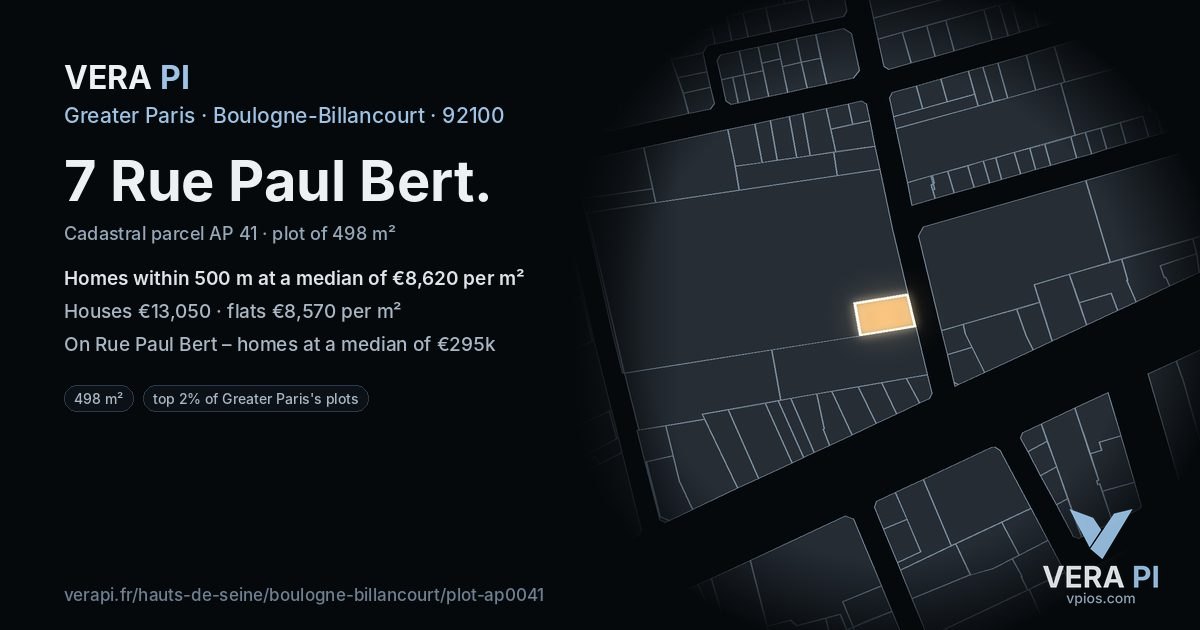 7 Rue Paul Bert, Boulogne-Billancourt at night – the plot lit, the parcels around coloured by the prices near them