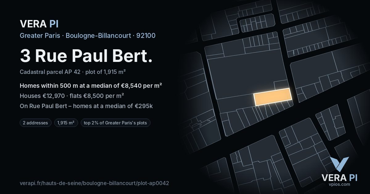 3 Rue Paul Bert, Boulogne-Billancourt at night – the plot lit, the parcels around coloured by the prices near them