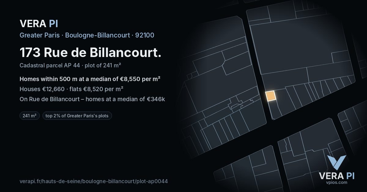 173 Rue de Billancourt, Boulogne-Billancourt at night – the plot lit, the parcels around coloured by the prices near them