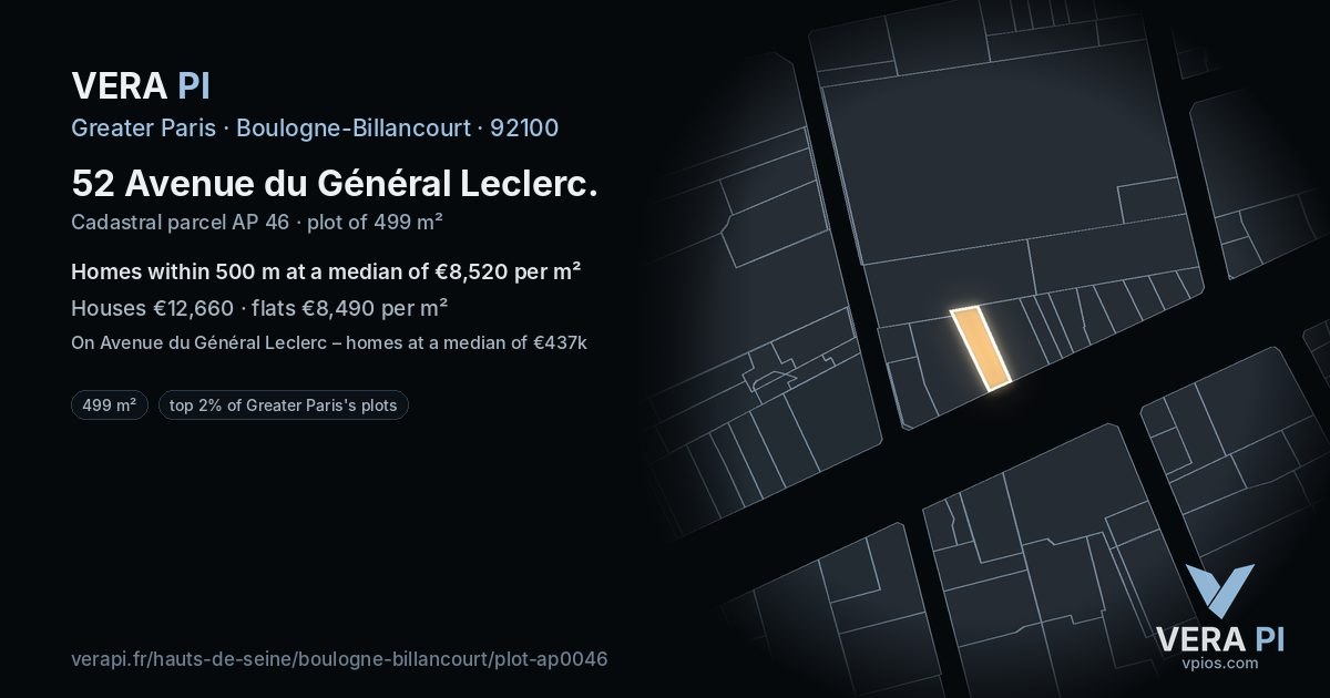 52 Avenue du Général Leclerc, Boulogne-Billancourt at night – the plot lit, the parcels around coloured by the prices near them