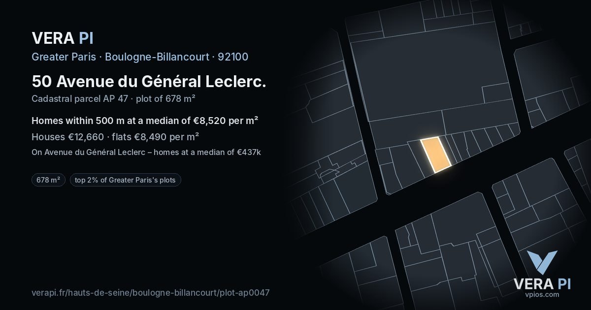 50 Avenue du Général Leclerc, Boulogne-Billancourt at night – the plot lit, the parcels around coloured by the prices near them