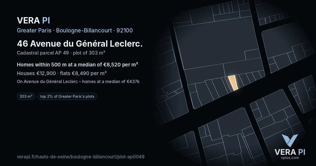 46 Avenue du Général Leclerc, Boulogne-Billancourt at night – the plot lit, the parcels around coloured by the prices near them