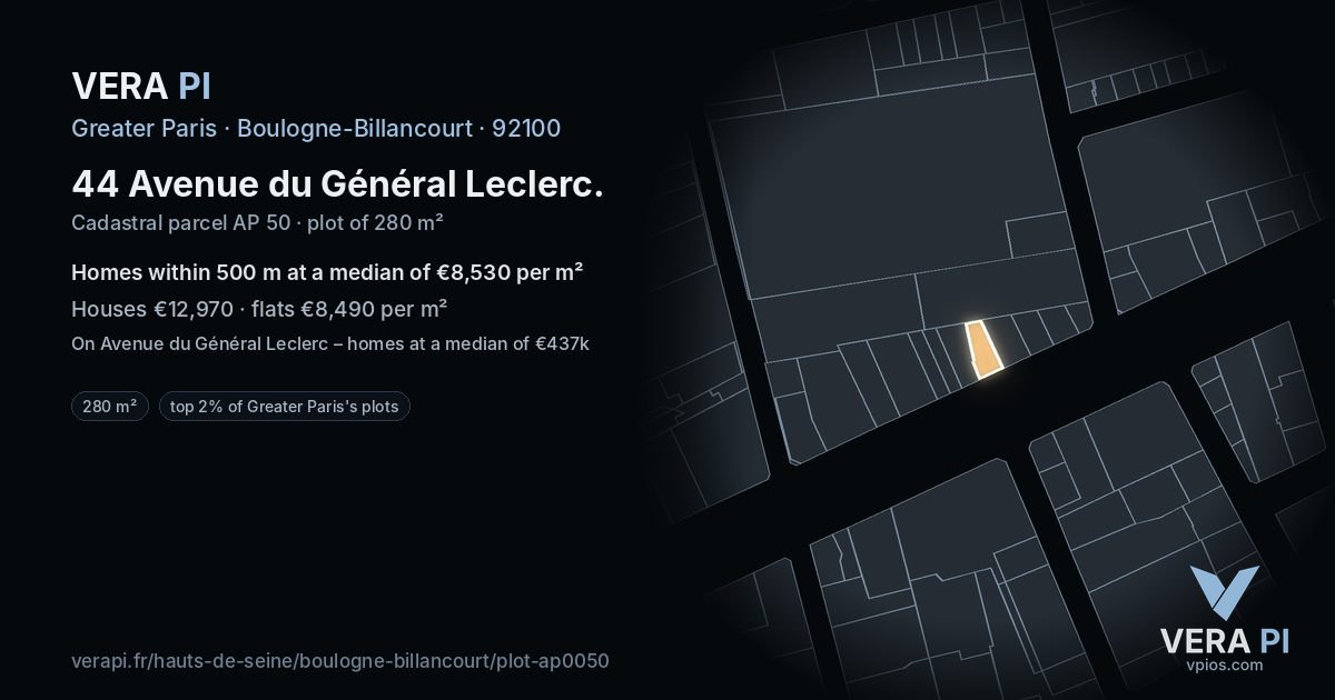 44 Avenue du Général Leclerc, Boulogne-Billancourt at night – the plot lit, the parcels around coloured by the prices near them