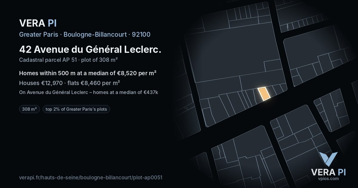42 Avenue du Général Leclerc, Boulogne-Billancourt at night – the plot lit, the parcels around coloured by the prices near them