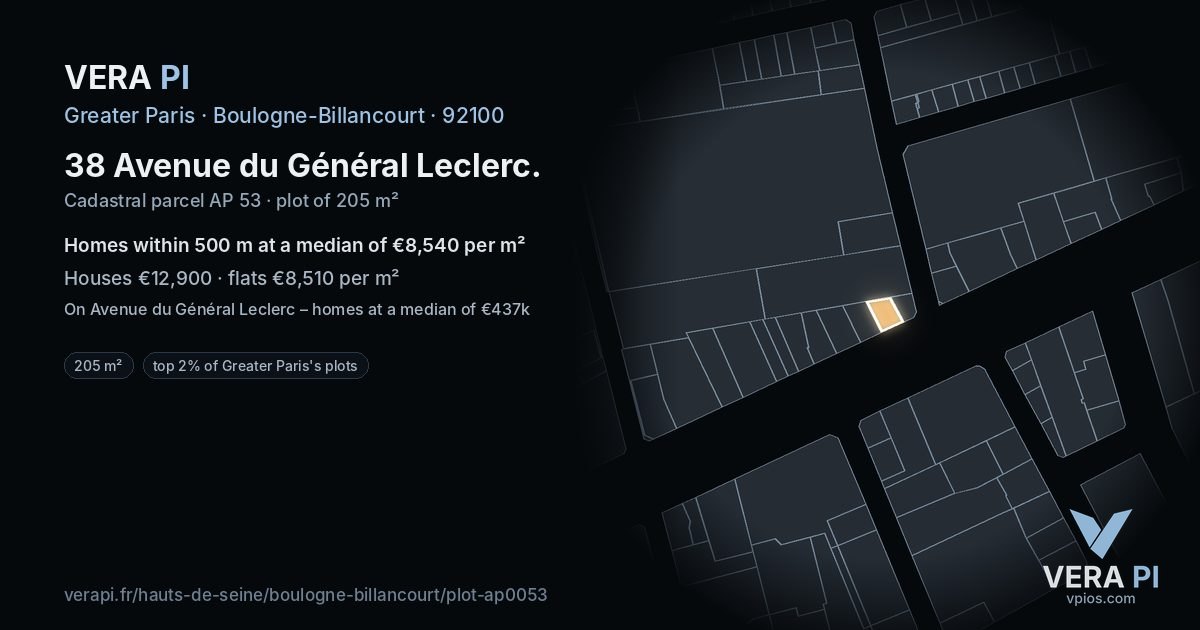 38 Avenue du Général Leclerc, Boulogne-Billancourt at night – the plot lit, the parcels around coloured by the prices near them