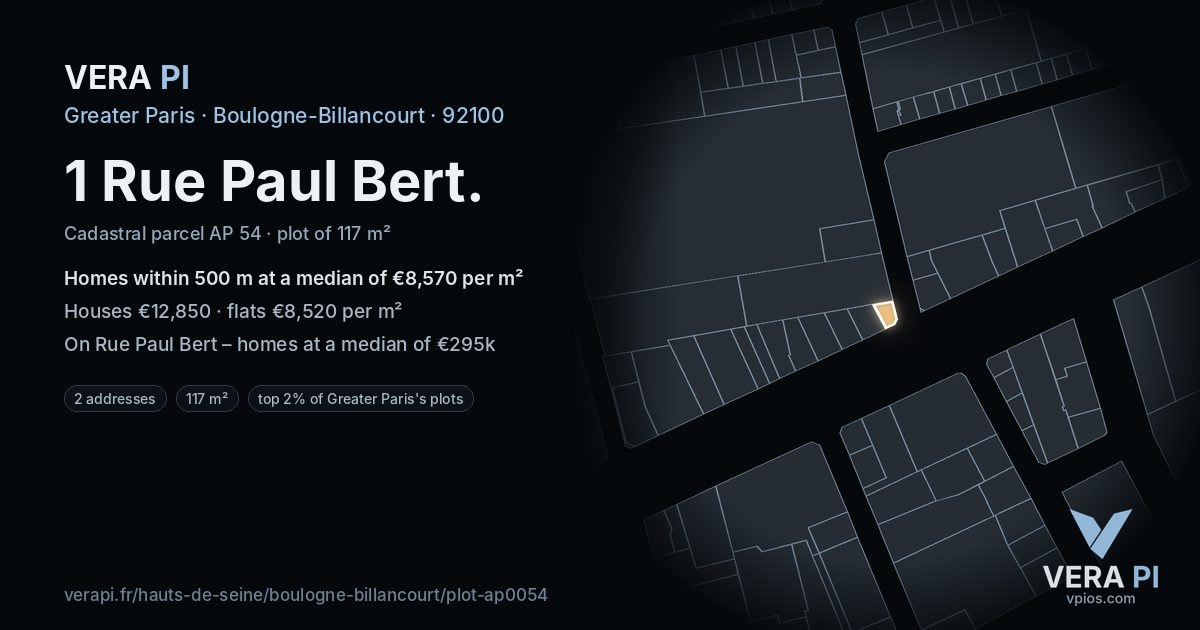 1 Rue Paul Bert, Boulogne-Billancourt at night – the plot lit, the parcels around coloured by the prices near them