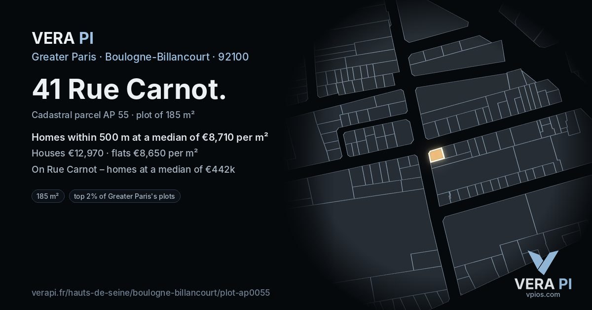 41 Rue Carnot, Boulogne-Billancourt at night – the plot lit, the parcels around coloured by the prices near them