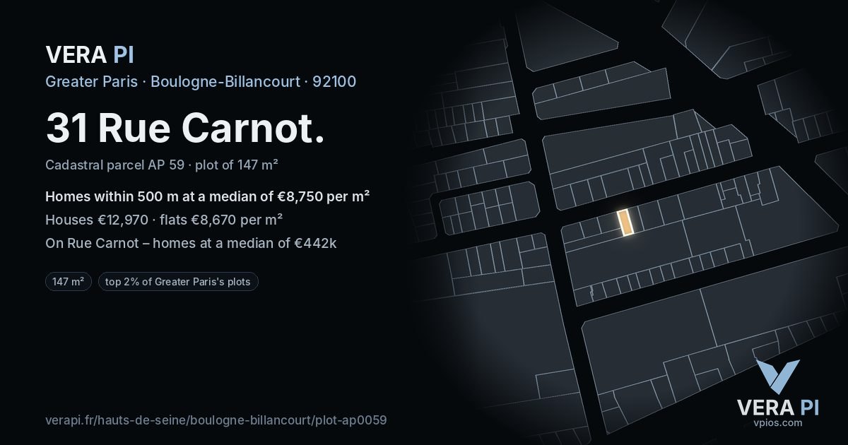 31 Rue Carnot, Boulogne-Billancourt at night – the plot lit, the parcels around coloured by the prices near them