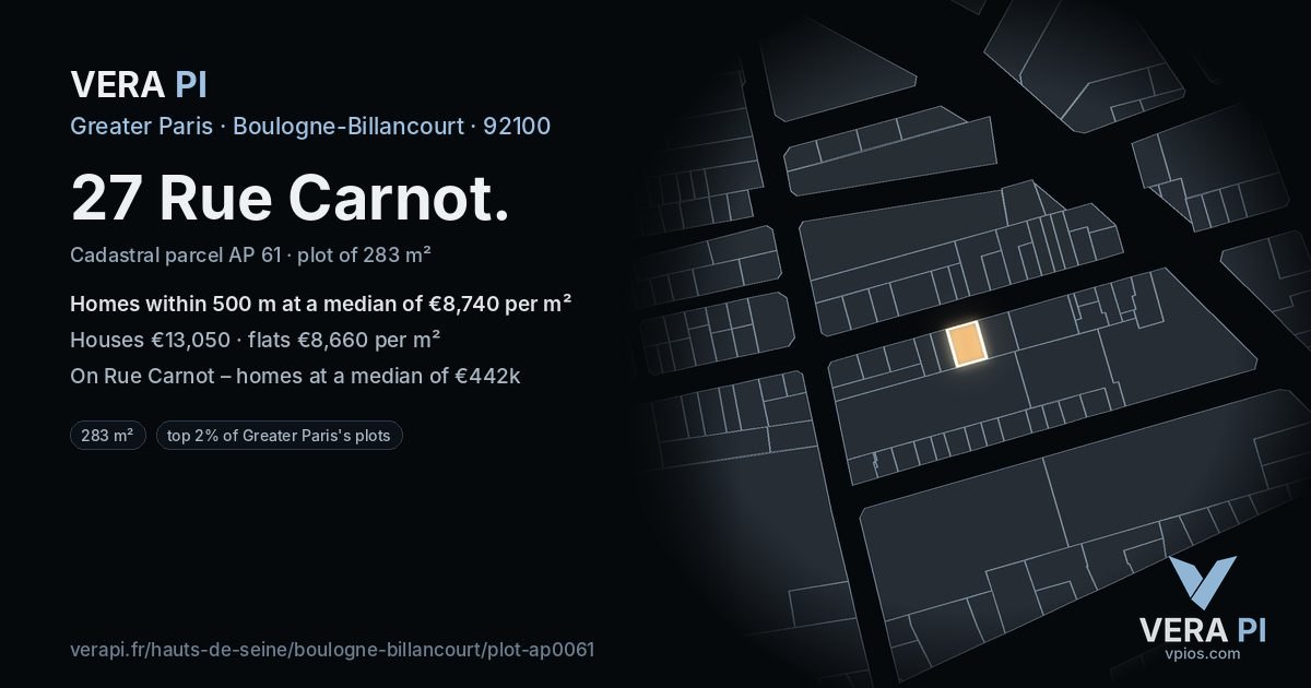 27 Rue Carnot, Boulogne-Billancourt at night – the plot lit, the parcels around coloured by the prices near them