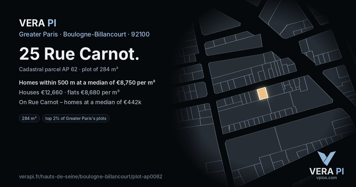 25 Rue Carnot, Boulogne-Billancourt at night – the plot lit, the parcels around coloured by the prices near them