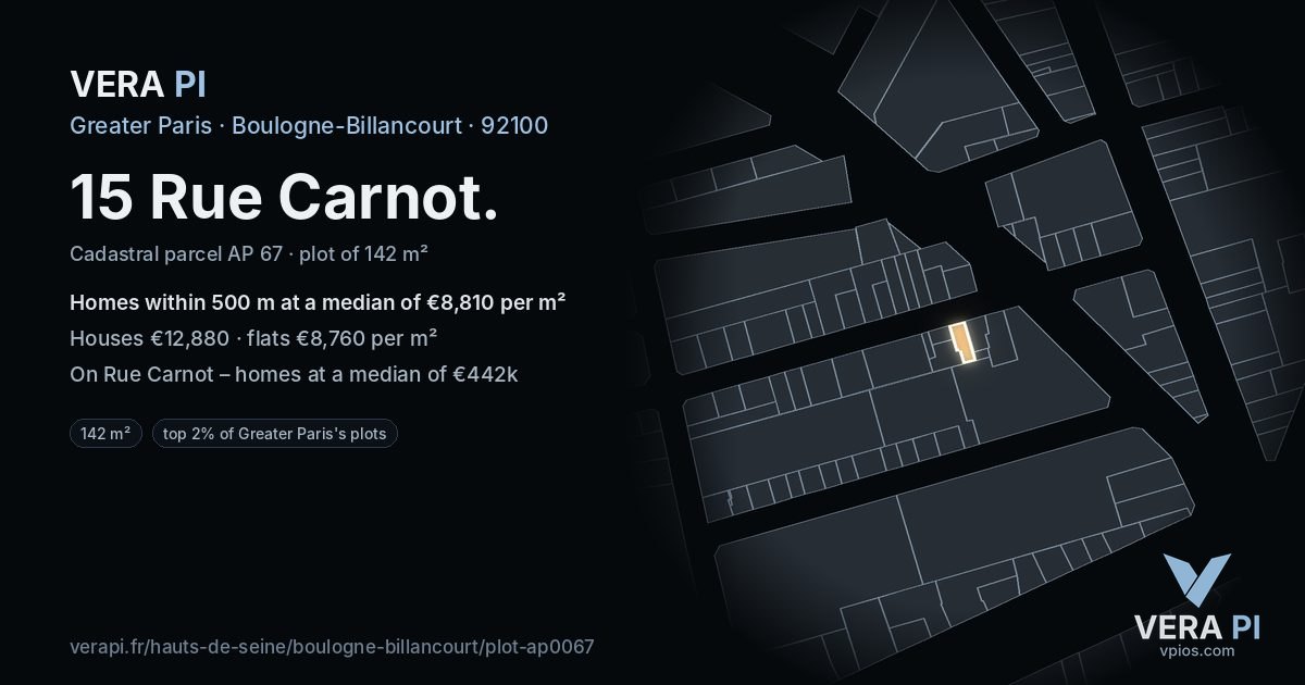 15 Rue Carnot, Boulogne-Billancourt at night – the plot lit, the parcels around coloured by the prices near them
