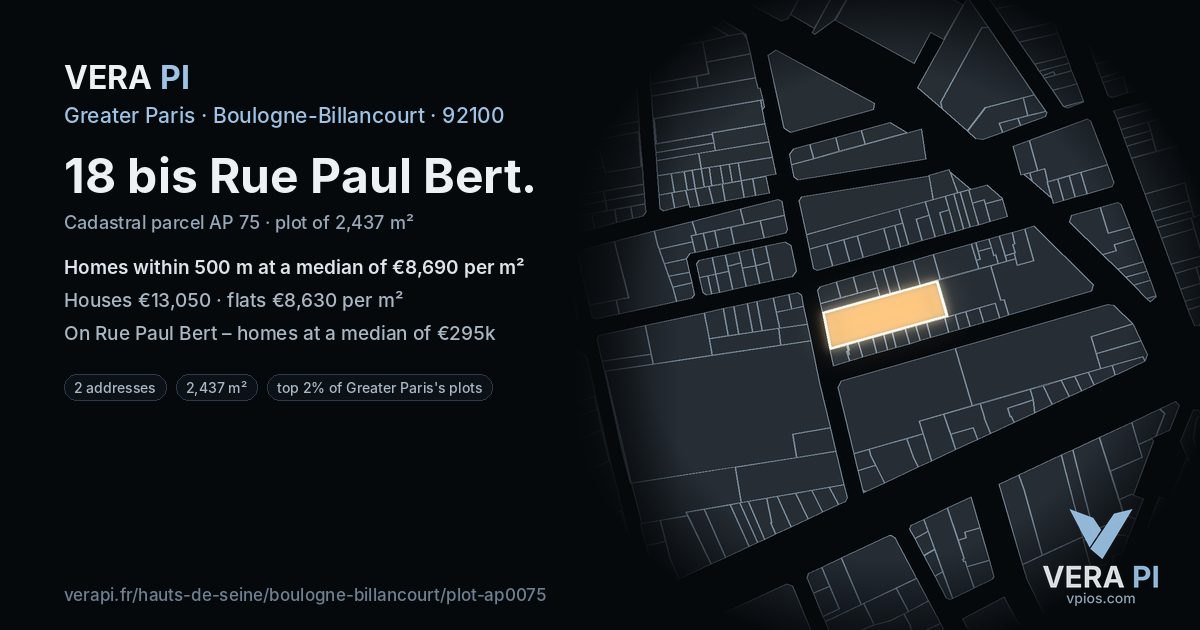 18 bis Rue Paul Bert, Boulogne-Billancourt at night – the plot lit, the parcels around coloured by the prices near them