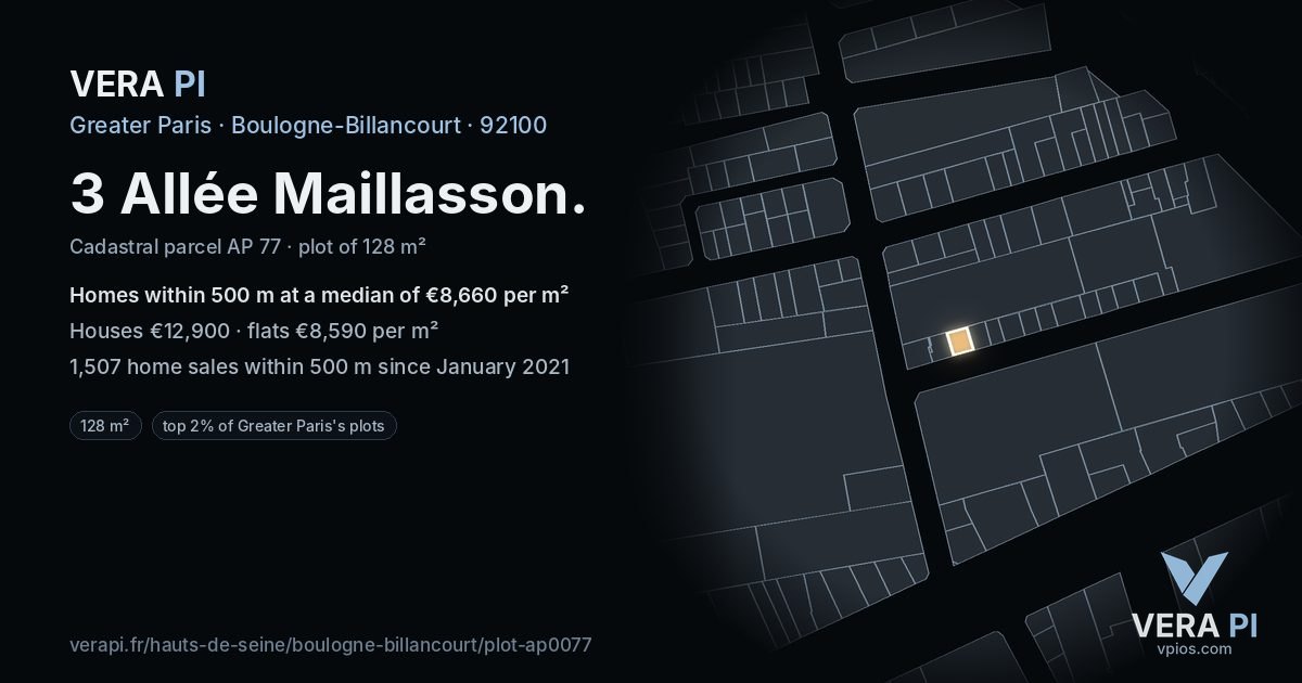 3 Allée Maillasson, Boulogne-Billancourt at night – the plot lit, the parcels around coloured by the prices near them