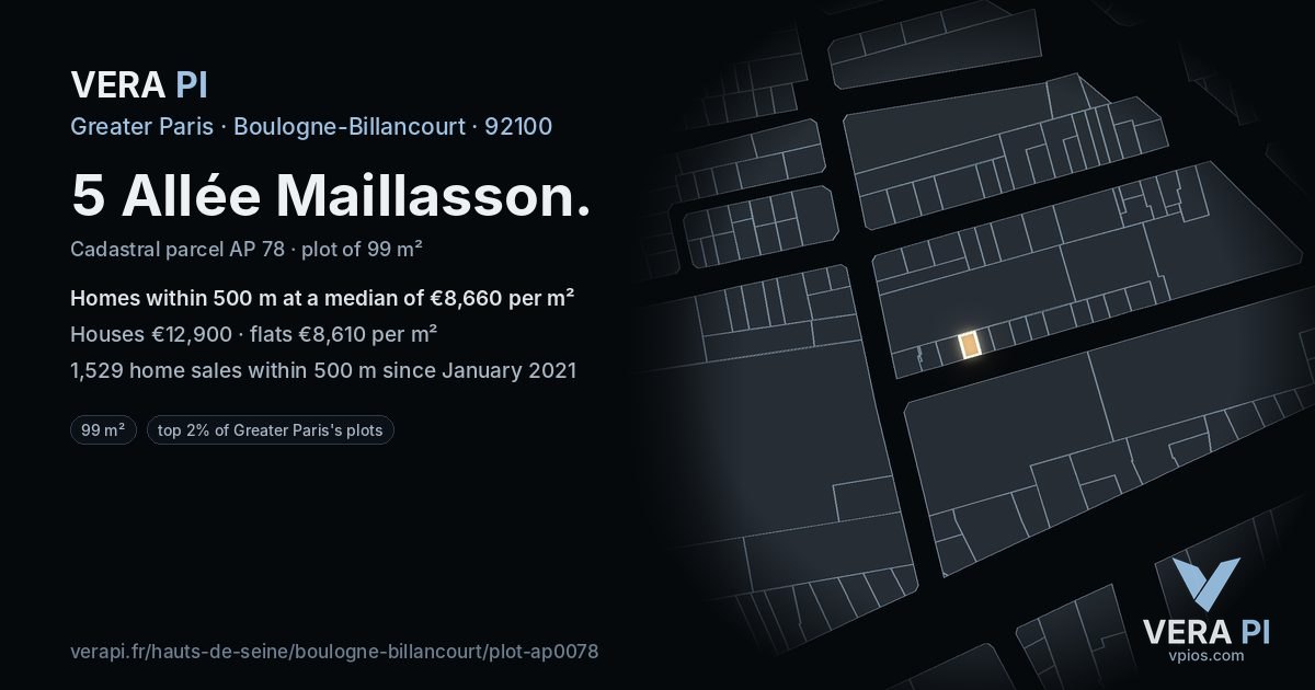 5 Allée Maillasson, Boulogne-Billancourt at night – the plot lit, the parcels around coloured by the prices near them