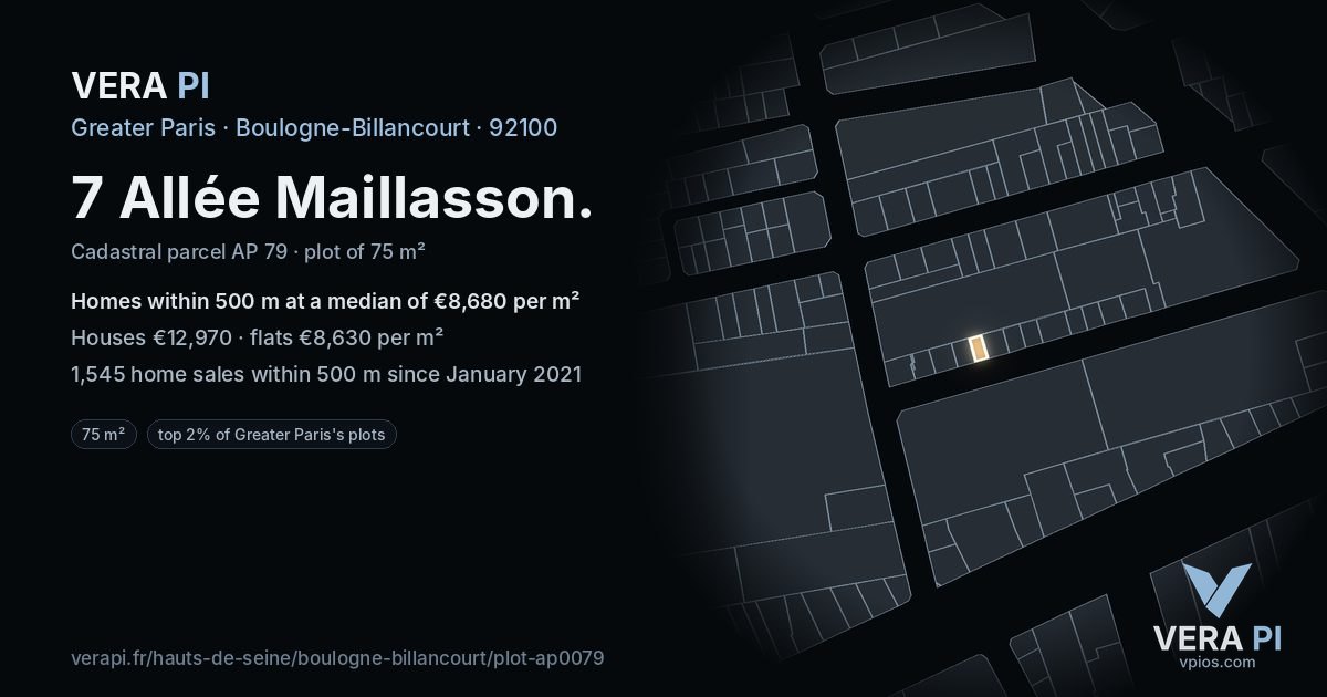 7 Allée Maillasson, Boulogne-Billancourt at night – the plot lit, the parcels around coloured by the prices near them