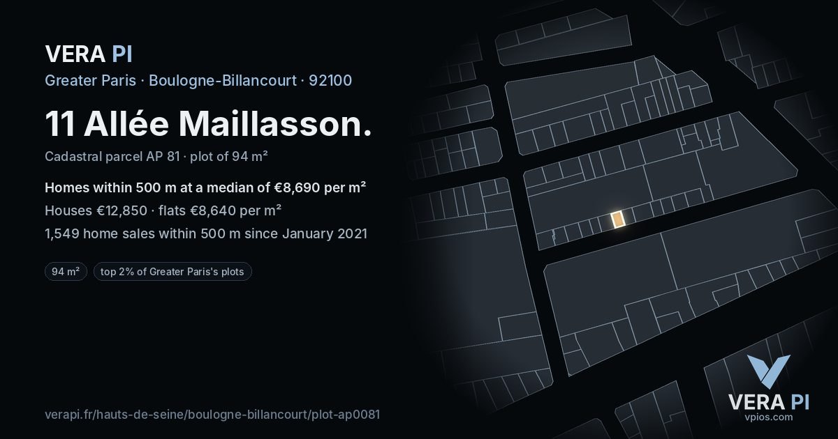 11 Allée Maillasson, Boulogne-Billancourt at night – the plot lit, the parcels around coloured by the prices near them