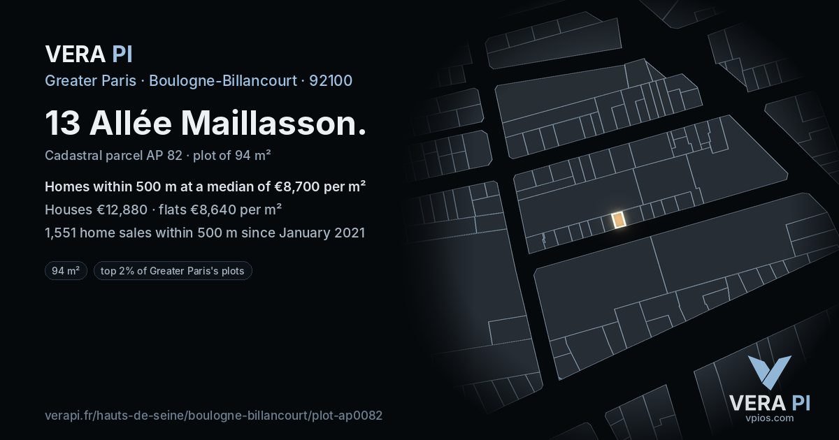 13 Allée Maillasson, Boulogne-Billancourt at night – the plot lit, the parcels around coloured by the prices near them