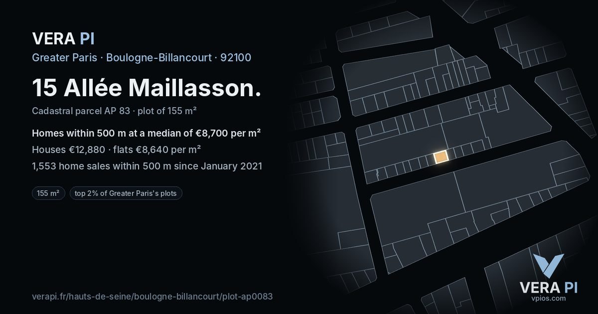 15 Allée Maillasson, Boulogne-Billancourt at night – the plot lit, the parcels around coloured by the prices near them