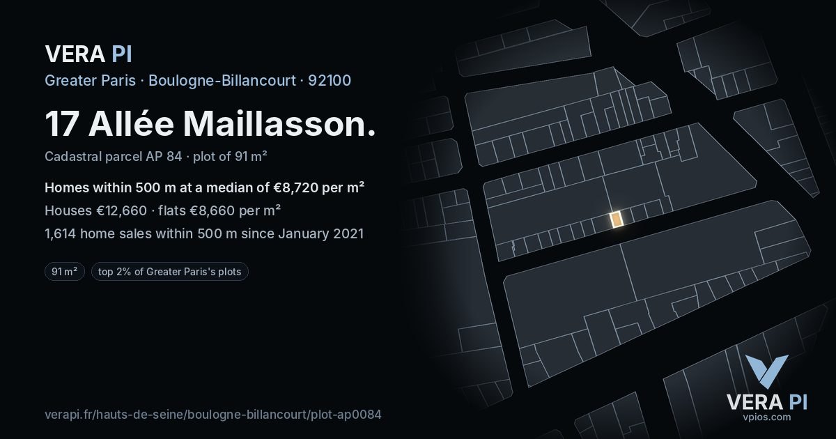 17 Allée Maillasson, Boulogne-Billancourt at night – the plot lit, the parcels around coloured by the prices near them