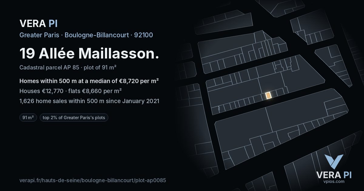 19 Allée Maillasson, Boulogne-Billancourt at night – the plot lit, the parcels around coloured by the prices near them